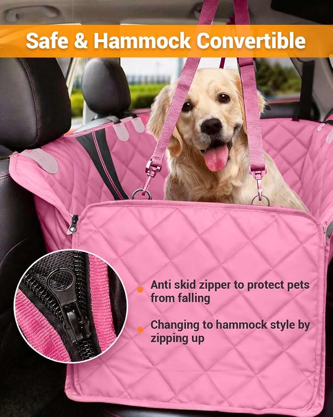 Dog Car Seat Cover, 600D Heavy Dute Car Seat Cover for Dogs Pets, 100% Waterproof Anti-Scratch Nonslip Dog Hammock for Cars, Seat Covers Protector with SeatBelt for Sedan SUV Truck Standard Pink