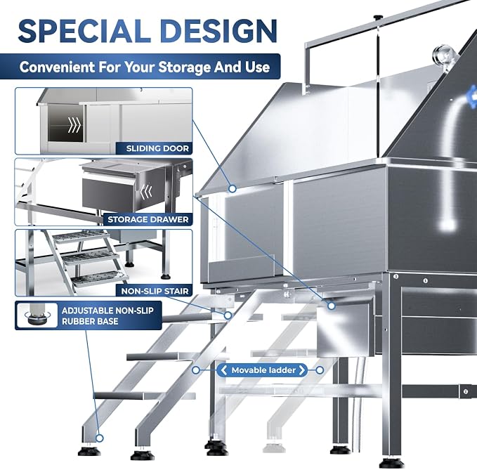 46" Dog Wash Station, 304 Stainless Steel, Side Stair, 440 lb | Storage Drawer, pet grooming tub, hot cold faucet, fixed sprayer, shampoo dispenser, S-trap, hair filter, garage outdoor use