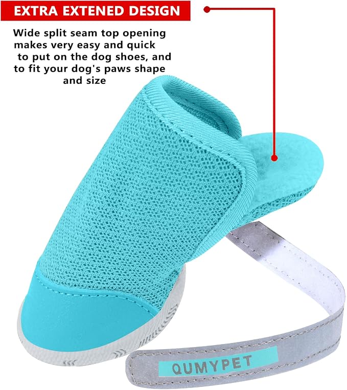 QUMY 4PCS Dog Shoes for Small Dogs, Hot Pavement Summer Puppy Dog Boots & Paw Protectors with Soft Anti-Slip Rubber Sole, Mesh Breathable Dog Booties for Hardfloors, Walking Running Blue Size 4