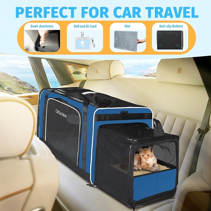 Petskd Side Expandable Extra Large Cat Carrier with Litter Box Area, 24"x17"x17" Soft-Sided Pet Carrier for 2 Cats Under 55 lbs with Zipper Locks for Car Travel(Prussian Blue)