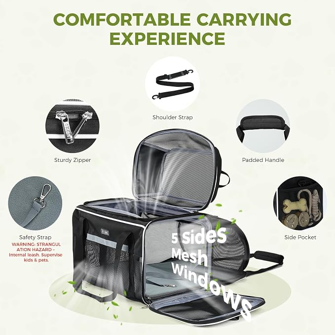 Lekereise Top and Side Expandable Pet Carrier 18x11x11Inch Delta American United Airline Approved Soft Sided Underseat Travel Carriers for Small Dogs Cats with Locking Safety Zippers Anti-Scratch Mesh