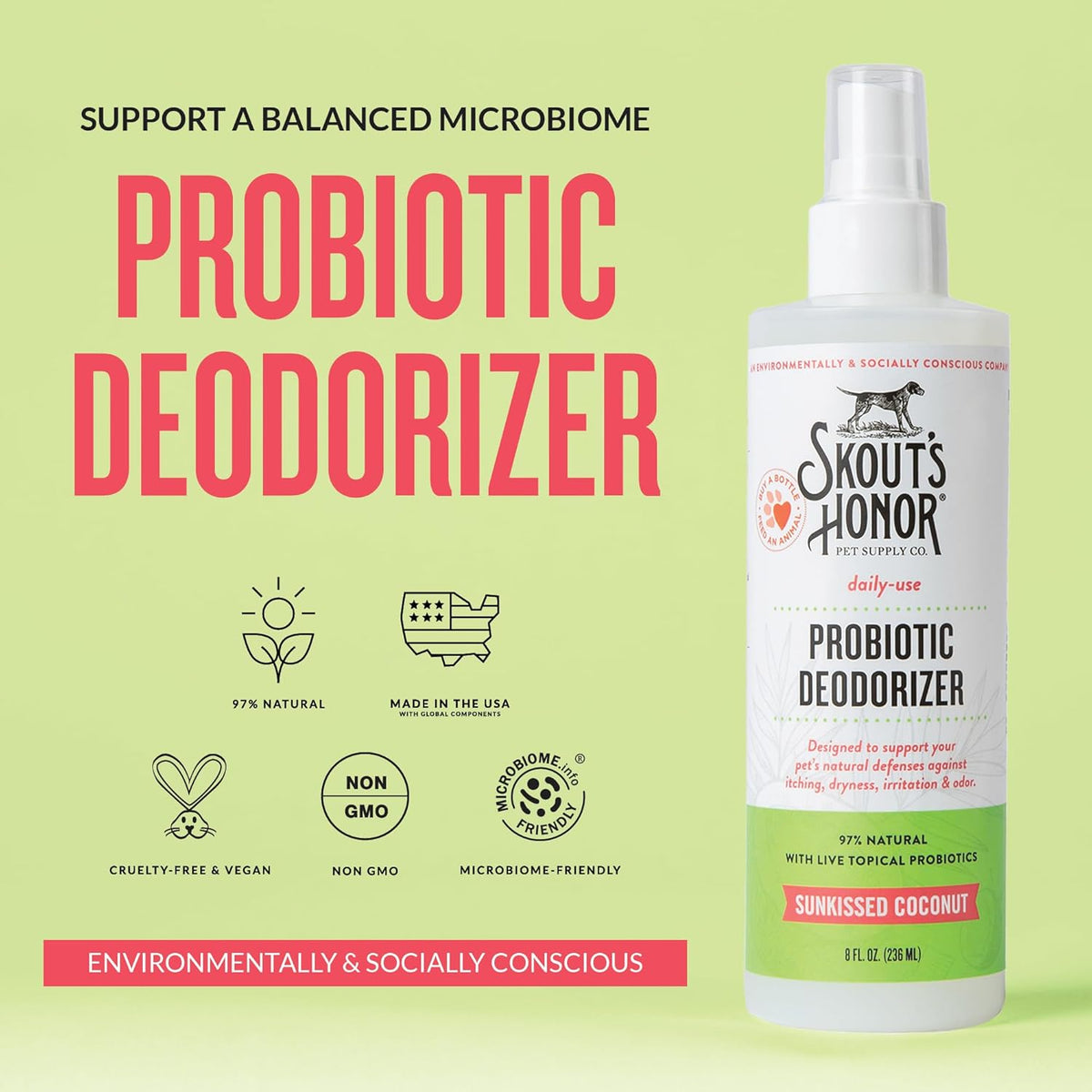 SKOUT'S HONOR Probiotic Pet Deodorizer Spray- Hydrating Daily-Use with Avocado Oil & Omega-3s, Microbiome Friendly Certiified, Paraben & Sulfate-Free, 97% Natural, 8oz, Sunkissed Coconut