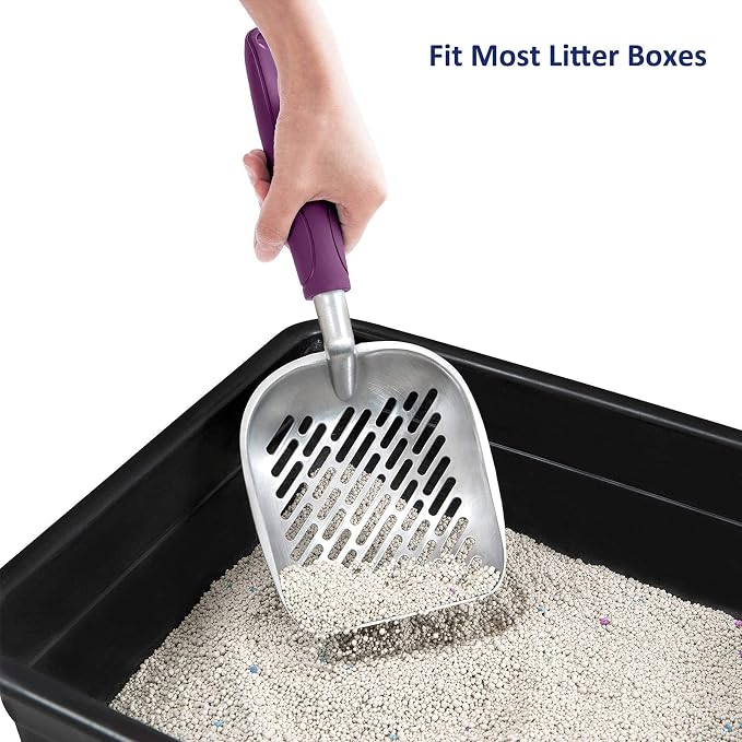 Cat Litter Scoop, Aluminum Alloy Sifter, Kitty Metal Scooper, Deep Shovel with Diagonal Sifting Hole, Long Handle, Kitten Poop Lifter for Litter Box, Medium Size, Violet Handle