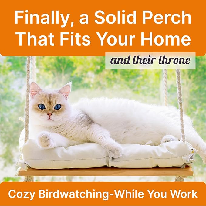 Cat Window Perch with Industrial-Grade Suction Cups - Solid Pine Wood Hammock Bed, Soft Cushion - 42 lb Capacity for Cats Inside