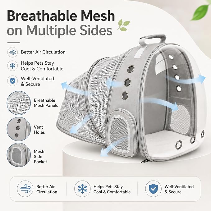 Expandable Cat Carrier Backpack for Cats & Dogs, Bubble Window Pet Travel Backpack with Breathable Mesh, Anti-Collapse Structure, Side Door, Safety Leash, for Vet Visits, Hiking, Outdoor, Grey