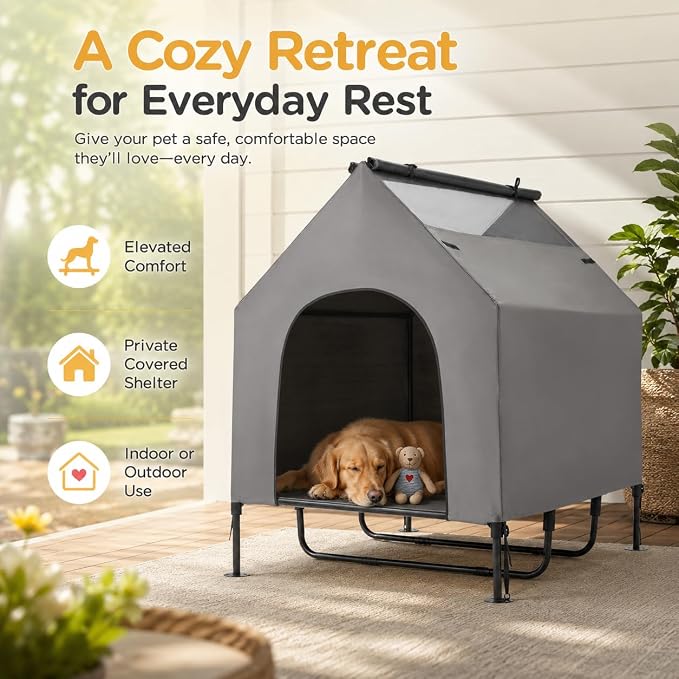 Erinnyees 48" Large Dog House Outdoor for Large Dogs, 2-in-1 Waterproof Dog House & Elevated Dog Bed with Removable Canopy, Breathable Mesh Windows, Steel Frame Dog Tent for Patio Backyard Camping