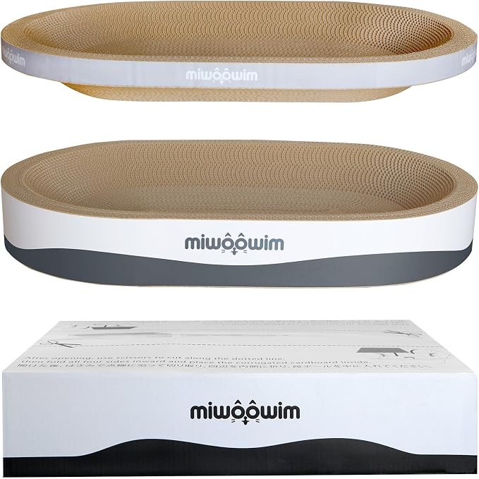 miwoowim 23.6" Extra Large Cat Scratcher Bed & Box Set, Oval Lounge Bowl | Includes 2 Oval Shape Beds & 1 Box with corrugated cardboard Scratch pad. Perfect for big cats and multi-cat households.