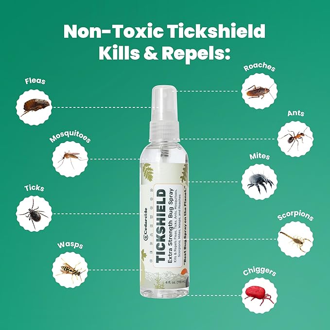 Cedarcide Extra- Strength Tickshield | Deep Woods Cedar Oil Tick & Mosquito Repellent Spray Kills & Repels Ticks, Fleas, Chiggers and Mosquitoes| for People & Pets | Natural Essential Oils | 4 Oz