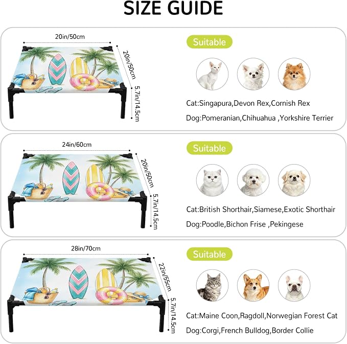 Outdoor Elevated Dog Bed for Large Dogs, Summer Beach Surfboard Breathable Cooling Raised Dog Cot for Indoor/Outdoor, Tropical Palm Tree Swimming Ring Waterproof Elevated Pet Beds, L 28 x 22 in