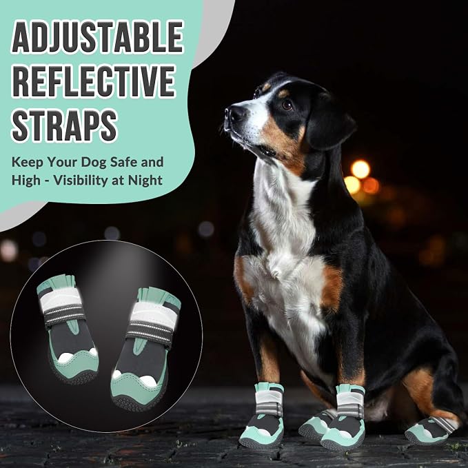 SlowTon Dog Shoes for Large Small Medium Dogs - Waterproof Dog Boots for Summer Hot Pavement, Paw Protector for Outdoor Walking Winter Snow, Anti-Slip Rubber Dog Booties for Hard Floor (Green Gray, 8)