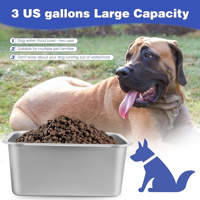 3 Gallon Large Dog Water Bowl, Stainless Steel Bowl, Giant Dogs | 3 Gallon Capacity, 14 x 10.3 x 6 in, Wide Rectangular Opening, Food or Water Use, Indoor Outdoor Use, Medium to Giant Dogs