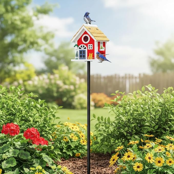 Masterpiece Bluebird House for Outside - Solid Cedar Wood Bird House Bird Feeder for Outdoor - Stainless Hardware - 2 Optional Hole Size 1.5" /1.25" - Garden Center Piece (Red Mansion)