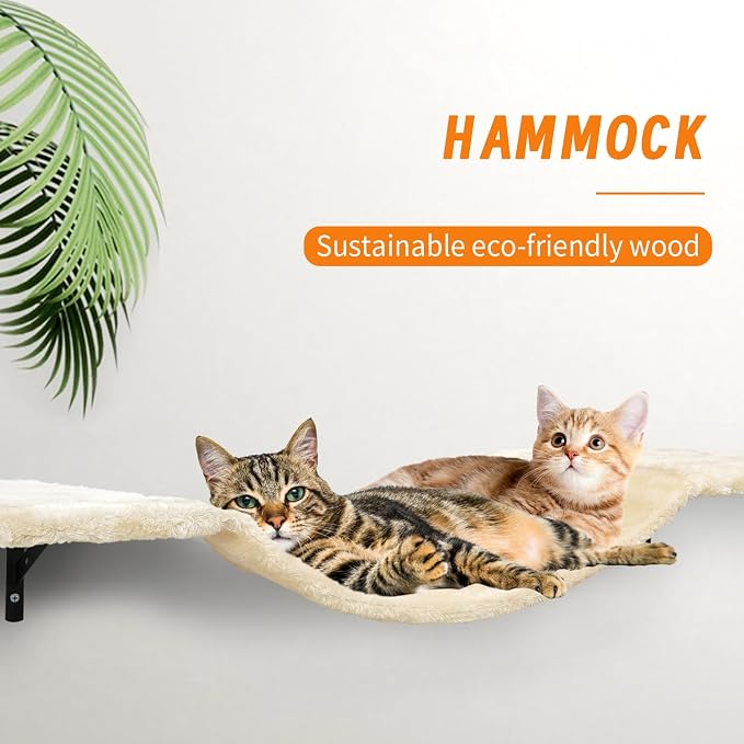 Wall-Mounted Cat Climber Set,Space-Saving Cat Wall Shelves for Large Cats | Multi-Level Climbing, Wood Wall Furniture, Perches, Bridge, Hammock, Scratcher, Indoor 40 lbs Small Place Corner Room Play