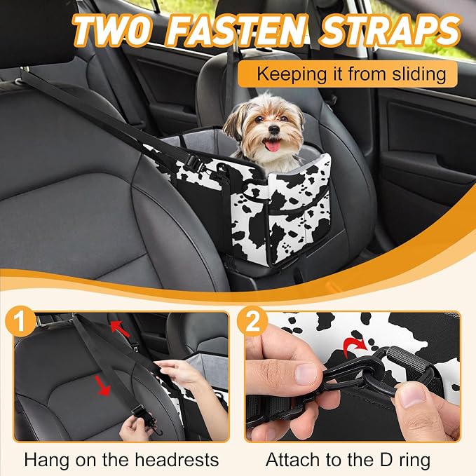 Portable Dog Car Seat for Small Dogs, Puppy Car Seat, Cow Pattern | Booster Seat With Safety Leash & Adjustable Straps Keeps Small Dogs Secure. Removable Washable Cushion. Fits Most Cars.