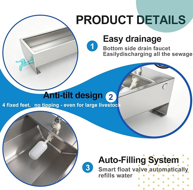 Automatic Livestock Waterer Drinking Trough Large Dog Water Bowl Dispenser 12 Gallon Stainless Steel with Float Valve for Cattle Chicken Goat Horse Pigs Poultry Outdoor Animals