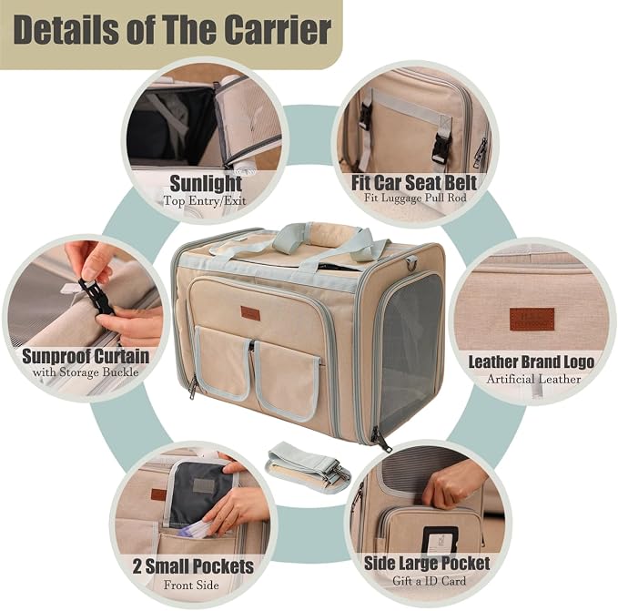 Cats Carrier for Small Dogs Puppy Cat Bag Expandable,Airline Approved,2 Sides Expand,Rabbit Bunny Pets Carriers Small Animals Travel Outdoor Carry Kennel (Khaki)