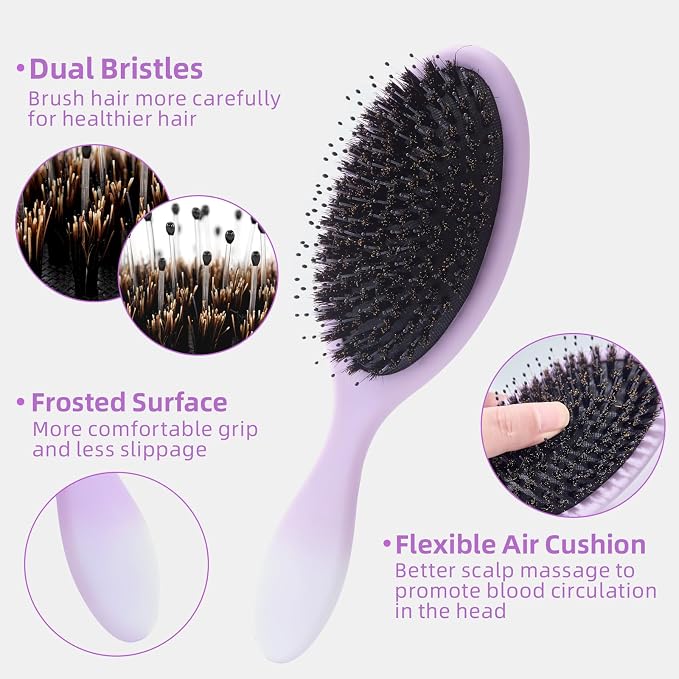 Boar Bristles Hair Brush for Women and Men, Detangling Hair Brush for Smoothing Massage Add Shine, Nylon&Boar Bristles Detangler brush for Hair Healthy (1 Pcs-Purple&White)