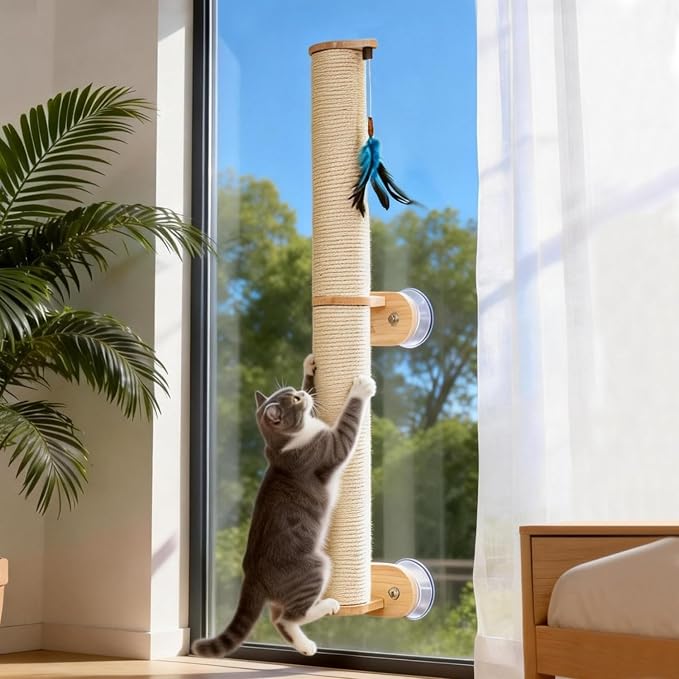 Lulu's World Cat Wall Scratcher,32" Tall No-Drill Wall Mounted Kitten Scratching Post, Cat Wall Furniture with 4 Suction Cups, Sturdy Sisal Climbing Tree Cat, Wall Shelves for Indoor （Natural Style）