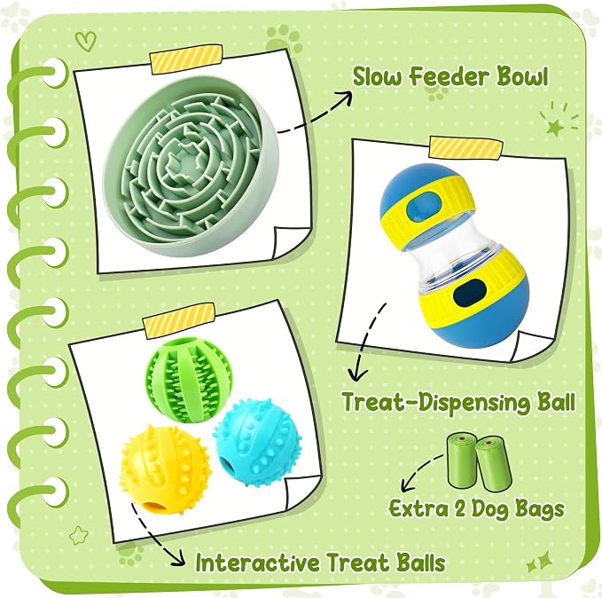 KIPRITII Dog Puzzle Feeder Set with Slow Feeder Bowl & Treat Ball | For Small & Medium Dogs,Adjustable Food Dispensing,Mental Stimulation,Interactive Play