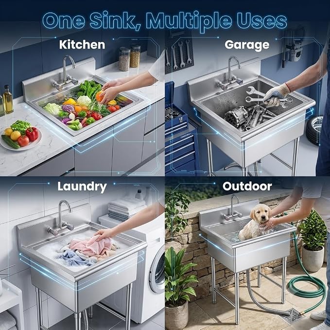 304 Utility Sink, Laundry Tub, Single Bowl; Heavy Wash Basin for Garage
