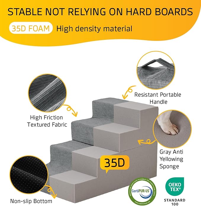 Dog Steps for High Bed Dog Stairs Ramps and Extra Wide Steps for Bed Foam Stairs for Couch Sofa 35D Strong Support Pet Stairs Non-Slip Bottom Pet Steps for Small Dogs and Cats, Grey, 4 Steps