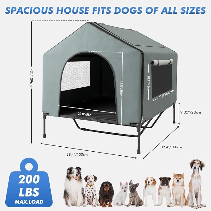 Dog House Outdoor, 43" Tall 3-in-1 Elevated Dog Bed with Roof | 4-Side Breathable Mesh Window, Dog Shelter for Large Dog Breeds Outside, Dog Tent with Canopy, Weatherproof Waterproof, 200LB