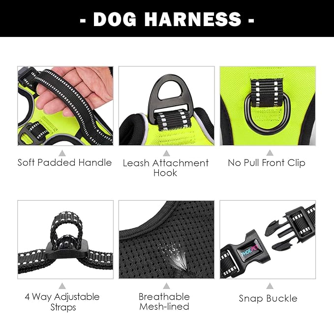 No Pull Dog Harnesses for Small Dogs Reflective Adjustable | Front Clip Vest with Handle 2 Metal Rings 3 Buckles [Easy to Put on & Take off](S, Green)