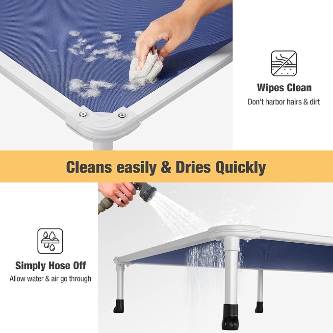 Veehoo Chew Proof Elevated Dog Bed, Cooling Raised Pet Cot, Silver Aluminum | Indestructible Dog Bed with Durable Textilene Mesh Fabric, No-Slip Feet for Indoor or Outdoor Use, 42", Large, Blue