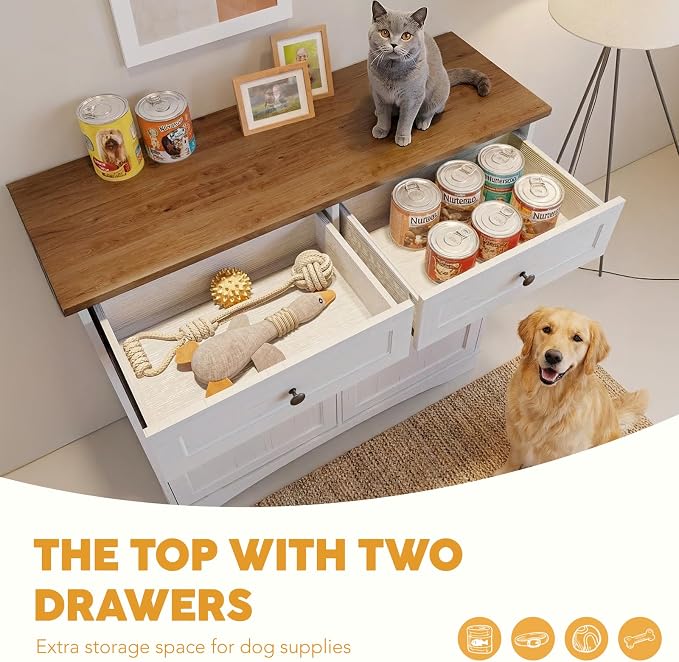 39.7’’W Dog Feeding Station, Tilt-Out Dog Food Cabinet for Multi-Pets, Pet Feeder Station with 4 Feeding Bowls, Dog & Cat Storage Organizer with Hanging Rod, (White, Dual Doors)