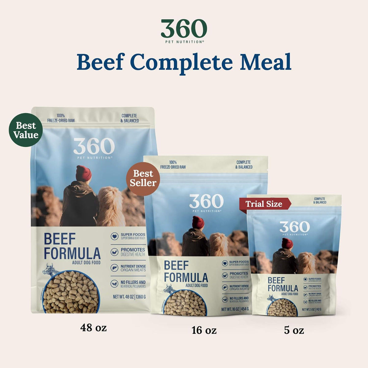 360 Pet Nutrition Freeze-Dried Raw Dog Food – Beef Recipe with Liver & Organs, High Protein with Omega-3s, Fruits, Veggies & Superfoods, Grain-Free, No Fillers, 1 lb – Made in USA