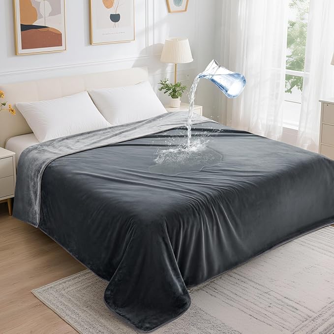 LOOBANI Waterproof Blanket for Bed, Soft Flannel Twin Bed Blanket 60" x 80" | Dog Pet Blankets for Large Dogs, Reversible Spill-Proof Throw for Couch Cover, Movie Time, Camping, Travel, Noise Free, Grey