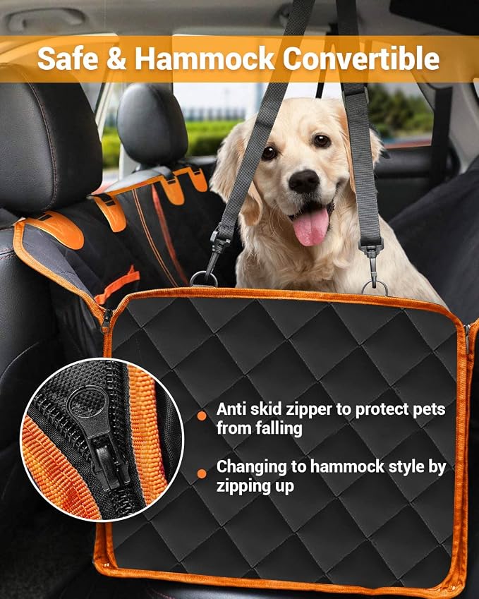 Dog Car Seat Cover, 600D Heavy Dute Car Seat Cover for Dogs Pets, 100% Waterproof Anti-Scratch Nonslip Dog Hammock for Cars, Seat Covers Protector with SeatBelt for Sedan SUV Truck Standard Oran&Black