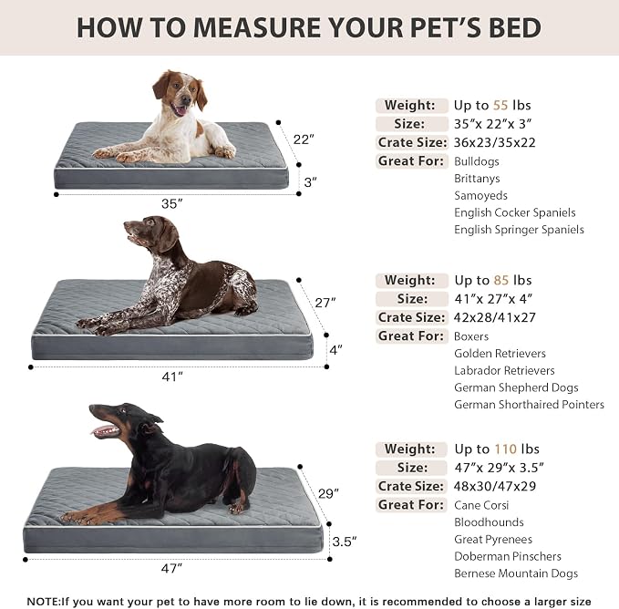 WNPETHOME Orthopedic Waterproof XL Dog Bed for Crate Cozy Sleep | Extra Large Washable Dogs Bed with Removable Cover, Multi-Needle Quilting Dogs XL Crate Bed for Relax ,Grey 41x27 Inch