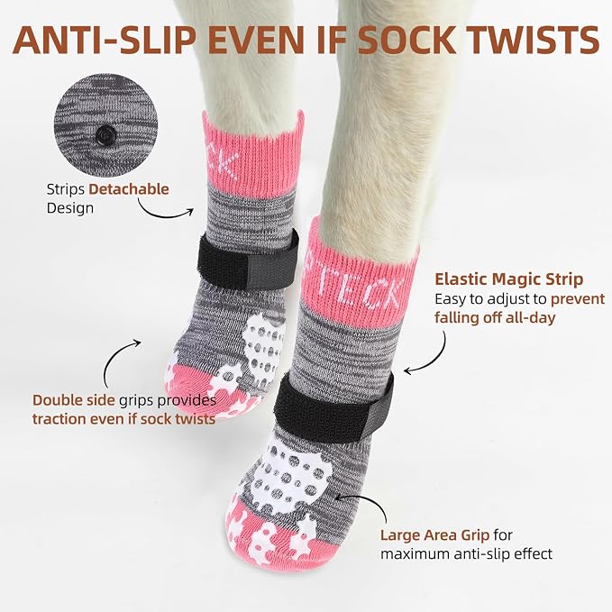 PUPTECK Anti-Slip Dog Socks with Double Sides Grips for Small Medium Large Dogs Hardwood Floors Prevents Licking, Dog Shoes for Hot Pavement Traction Control for Senior Dogs, Grey&Pink XL