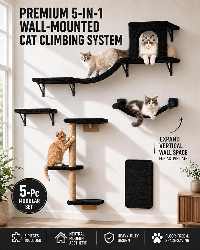 Wall Mounted Cat Furniture Combo of 5, 5 in 1 Cat Shelves with Hammock, Bridge, Climbing Tree, Scratcher & Perch – Indoor Wall Cat Playground for Large Cats, Holds Up to 30 lbs,