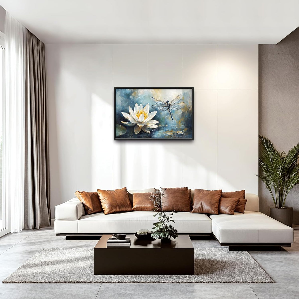 Extra Large Lotus Dragonfly Framed Wall Art for Living Room,Abstract Blue Lotus Flower Lake Pictures Wall Decor,Nature Canvas Print Painting Modern Artwork Bedroom Office Bathroom 36L" x 24W"