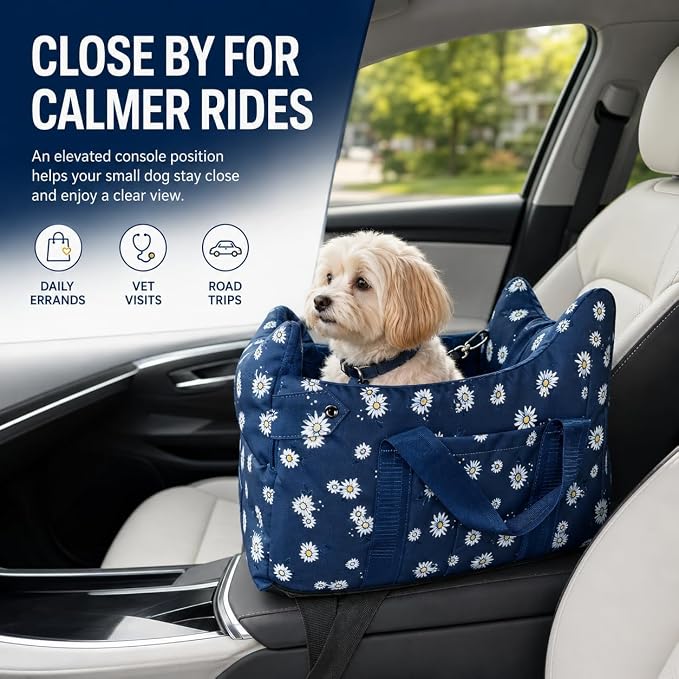 Center Console Dog Car Seat for Small Dogs 5-15 lbs, Nauy Blue | Anti-Collapse Puppy Booster Carseat with Washable Fluffy Cushion, Pillow and Carry Handles