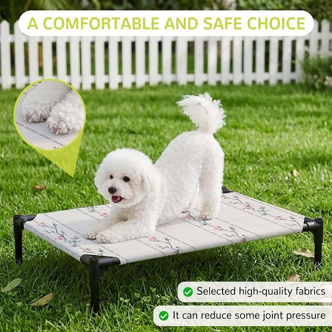Outdoor Elevated Dog Bed for Large Dogs, Beige Flower Branch Breathable Cooling Raised Dog Cot for Indoor/Outdoor, Spring Summer Farmhouse Botanical Waterproof Elevated Pet Beds, L 28 x 22 in