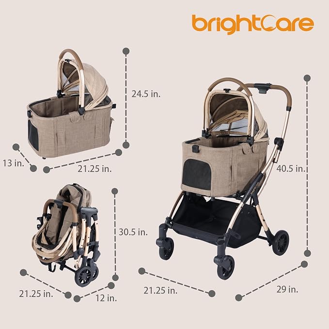 Auto-Folding Pet Stroller with Detachable Carrier, One-Hand Fold Frame & Carrier, Supports up to 33 lbs, Beige