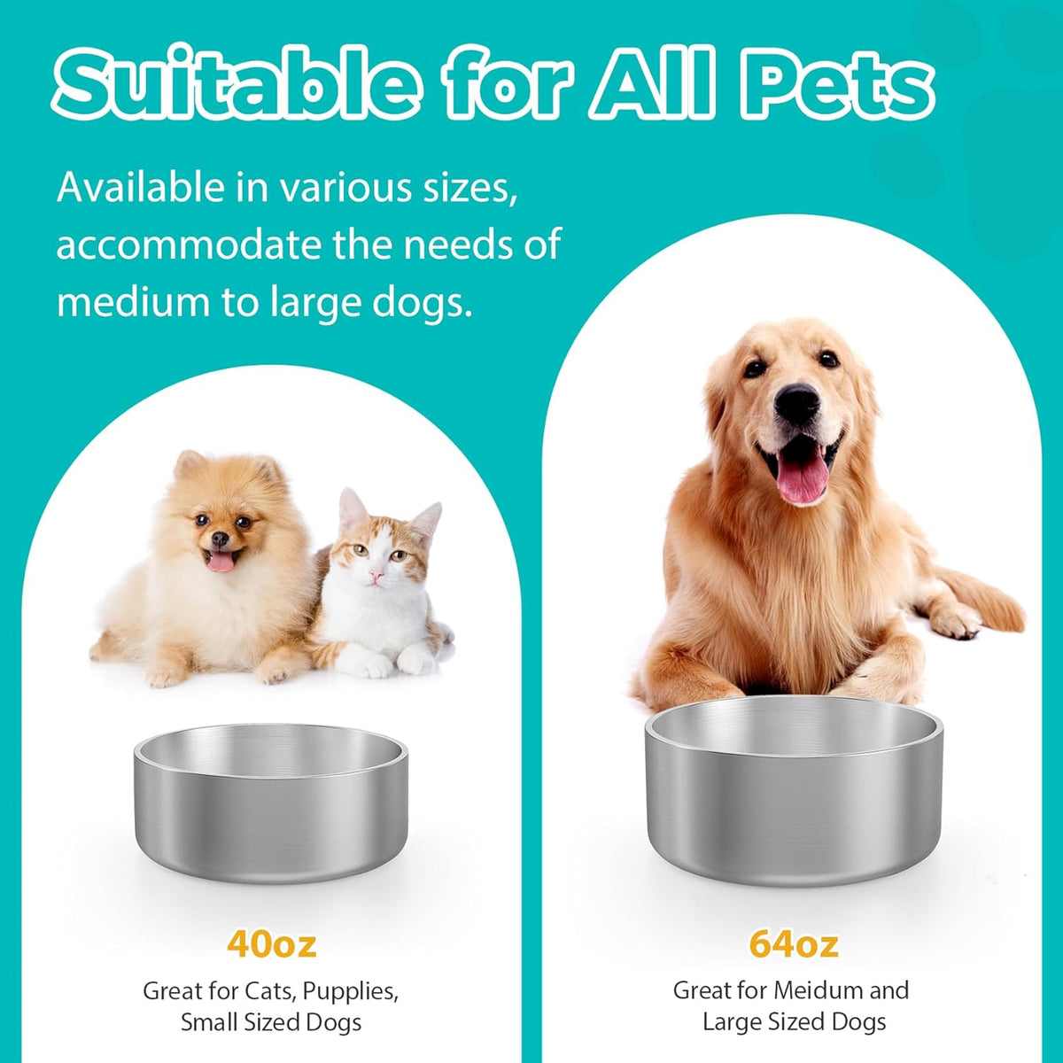 LIANLAI Stainless Steel Dog Bowls, Rust-Resistant Metal Large Dog Bowl, Double-Walled Puppy Water Bowl, Ideal Bowls Large Sized（64 oz）