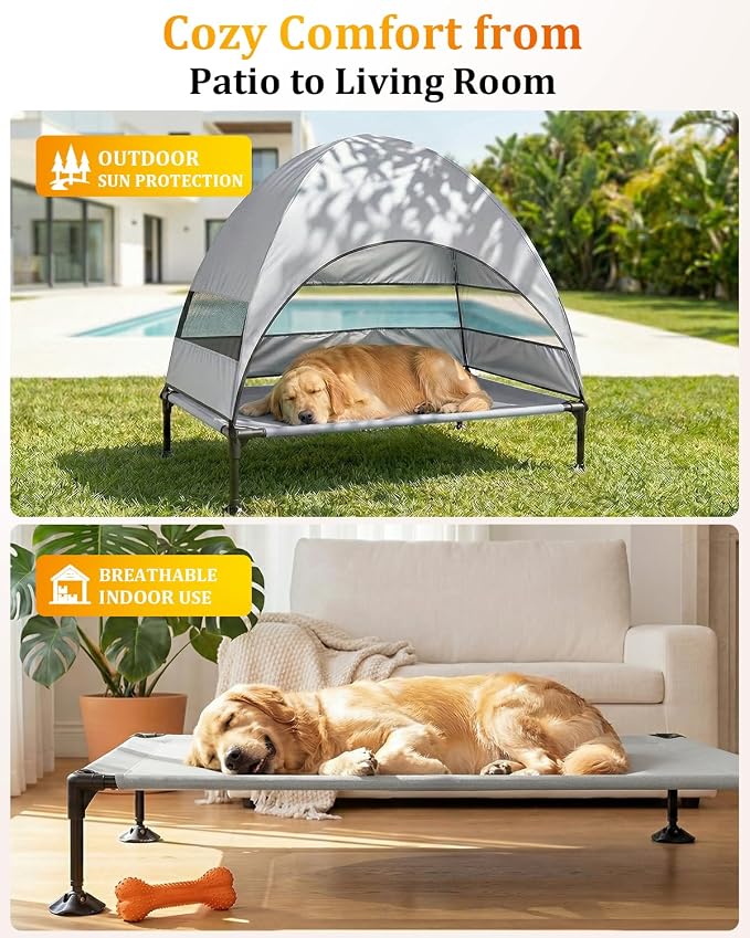Elevated Dog Bed with Canopy - 3-Sided UV Protection Pet Tent with Wider Shade, Raised Cooling Outdoor Dog Cot with Breathable Mesh for Medium Large Dogs, Portable Pet Bed for Camping, Patio (Grey, L)