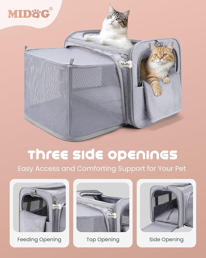 MIDOG Cat Carrier Soft for Small-Medium Cats Up to 25lbs, Airline Approved | Expandable Square Design,Comfort & Breathable Window,Equipped with anti-slip lock zippers and an internal safety leash