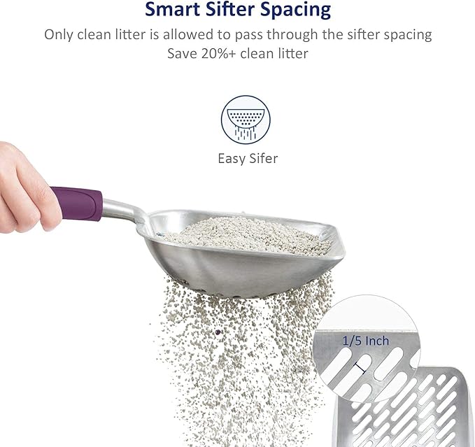 Cat Litter Scoop, Aluminum Alloy Sifter, Kitty Metal Scooper, Deep Shovel with Diagonal Sifting Hole, Long Handle, Kitten Poop Lifter for Litter Box, Medium Size, Violet Handle