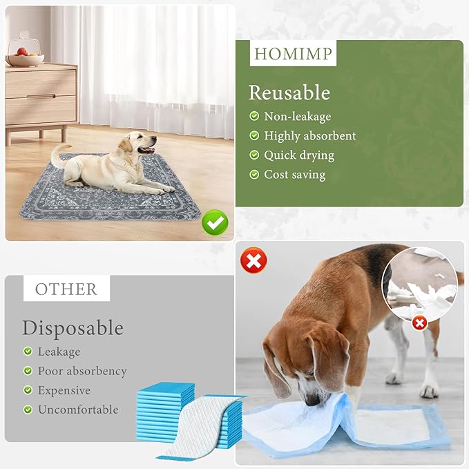 Homimp Washable Pee Pads for Dogs, 2 Pack Reusable Puppy Pads Waterproof, Absorbent and Leakproof Dog Pee Pads, Non Slip Puppy Training Pads, Pet Mat for Floor, Crate, Couch, Whelping,Grey, 18"x24"