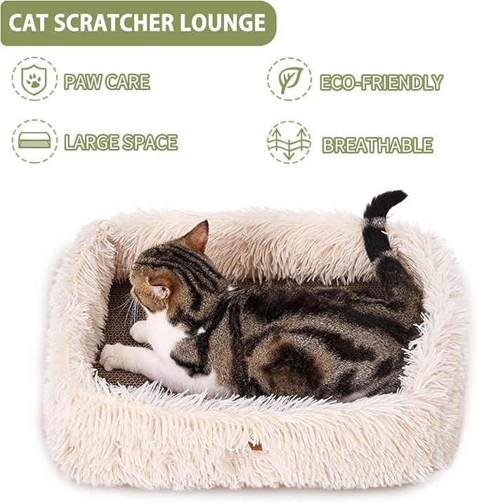 Cat Lounge Scratcher Box with Removable Cardboard (Beige) | High-density Corrugated Cardboard with Double-sided Use, Soft Long Plush, Release Stress and Protect Furniture