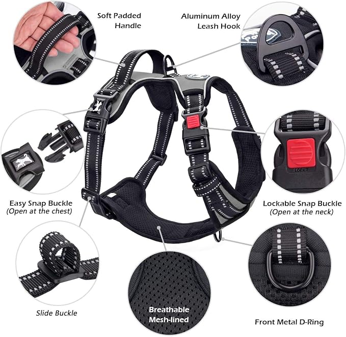 PoyPet No Pull Dog Harness Small with Front Clip & Neck Release Buckle | No Choke, Adjustable Vest, Reflective, Back Clip, Lockable, Soft Padded, Easy Control Handle for Walking Training, S, Grey