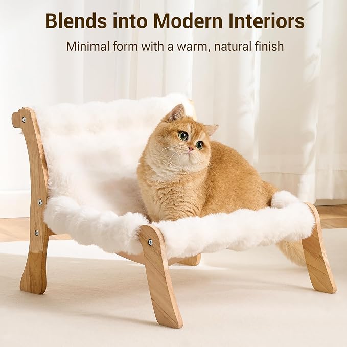 Solid Wood Cat Couch Bed for Indoor Cats, Modern Cat Sofa with Ultra-Soft Plush Surface Washable, Reclined Backrest, Elevated Elevated Cat Lounge Furniture for Small to Adult Pets, Ivory White