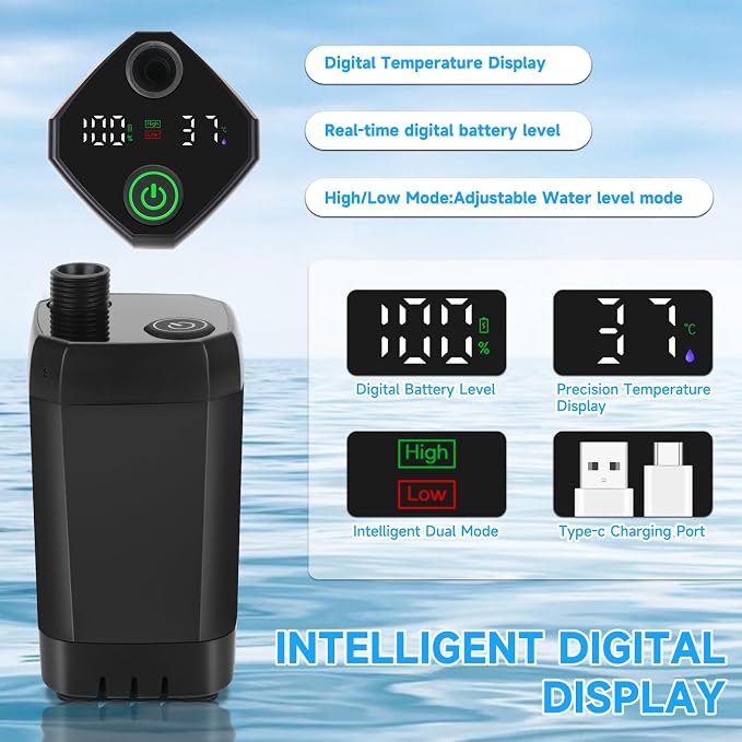 vignuto Portable Shower for Camping, Rechargeable Camping Shower Pump with LED Display of Battery Level and Temperature