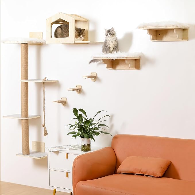 Cat Wall Shelves, Wood Wall Mounted Cat Furniture with 4 Tier Cat Tree,1 Cat Wall House,2 Cat Perches and 3 Wall Steps,Climbing Cat Shelves for Wall Large Cats Set