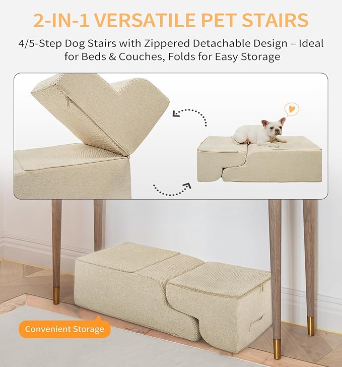 Made4Pets Dog Stairs Ramp for High Bed 22.8" H, 5-Step Pet Stairs for Bed Couch Sofa Climbing, 35D Foam Pet Steps for Small Dogs and Cats, Non-Slip Bottom Dog Steps, Beige